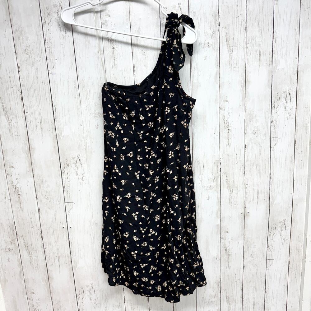 Y2K American Eagle Dress Women Size Small One‎ Shoulder Black Floral Mini Casual